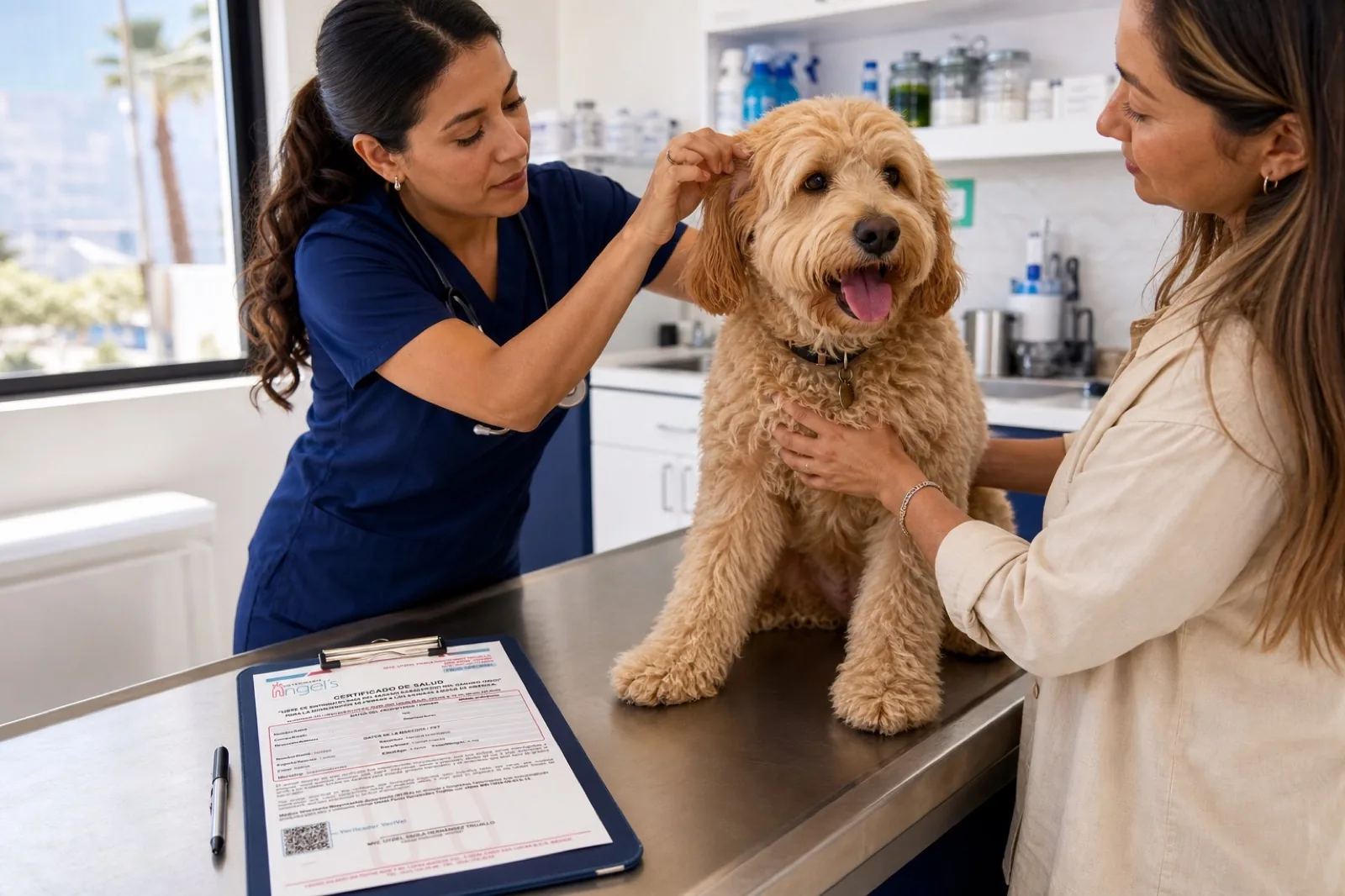 Doctora veterinaria revisando a un Goldendoodle para emitir su certificado de salud