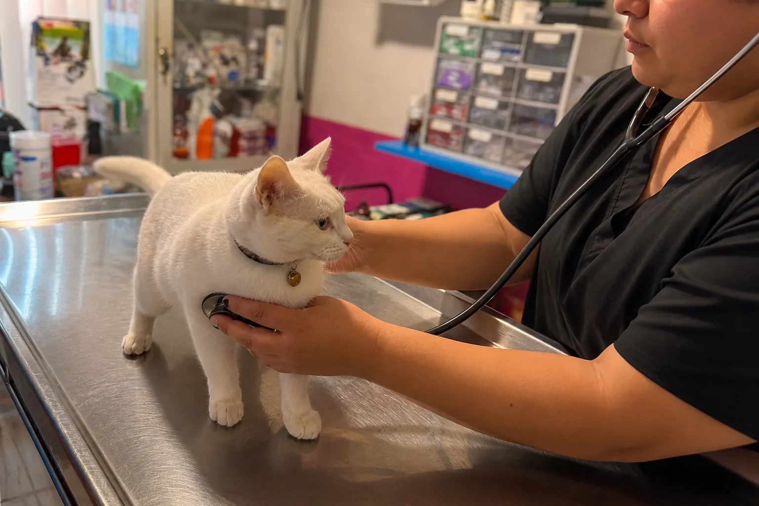 Valoración clínica de un gato con estetoscopio en Veterinaria Ángel's